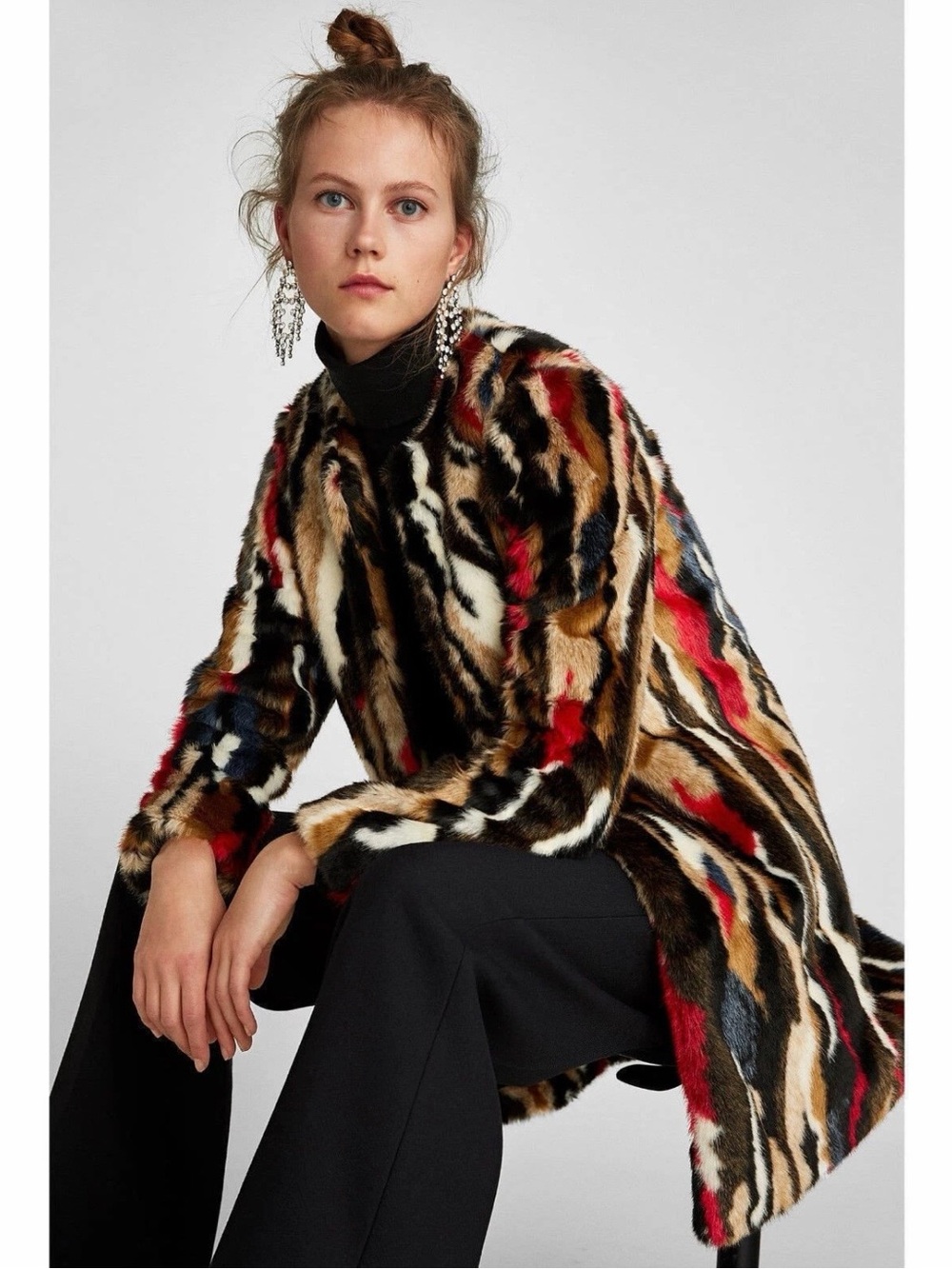 Zara Multicolor Faux Fur Crew Neck Jacket in Brown, Black & Red